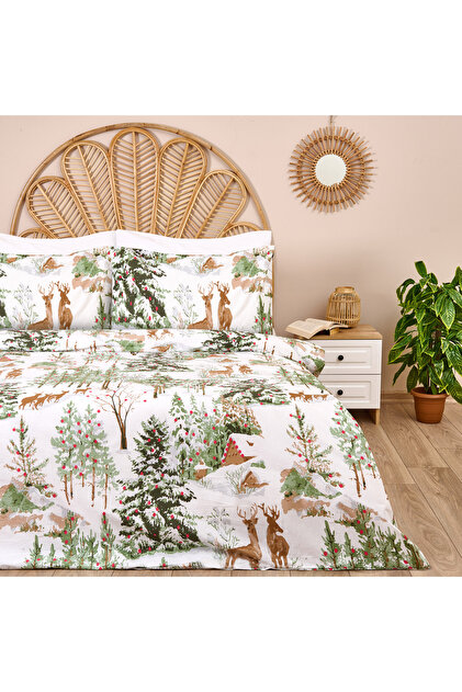 Evidea Soft Hardin Çift Kişilik Nevresim Takımı - Ekru / Yeşil