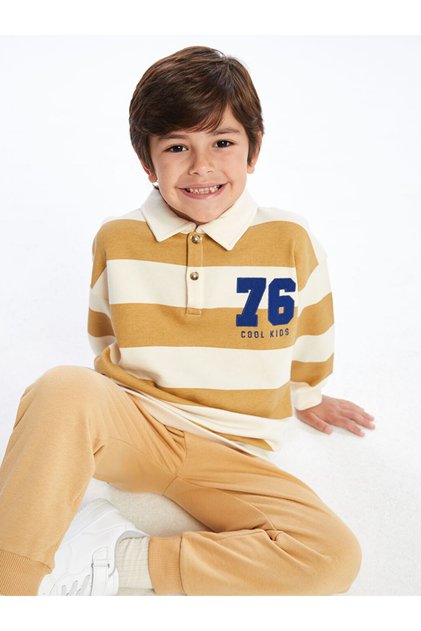 Ecru Striped Polo Collar Long Sleeve Sweatshirt for Baby Boy