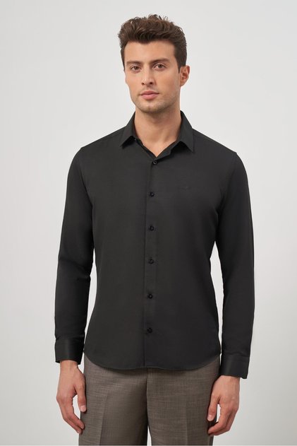 Men's Black Long Sleeve Textured Hard Collar Slim Fit Shirt 1004245152
