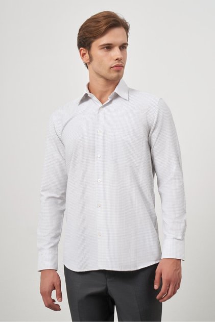 White Long Sleeve Checkered Pattern Cloth Leg Hard Collar Pocket Cotton Classic Comfort Fit Shirt 1004245163