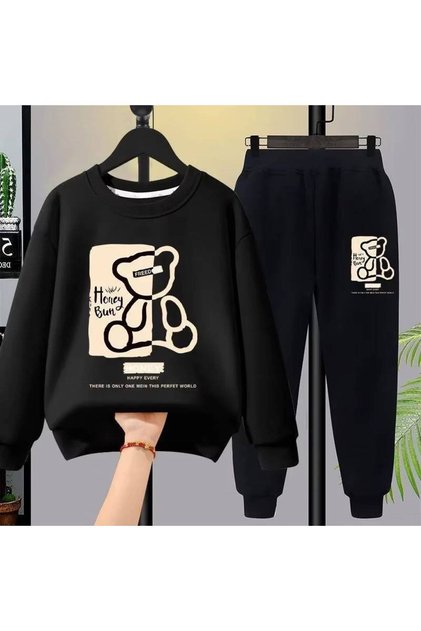 Set de trening oversize pentru fete/băieți, negru, cu guler rotund și imprimeu negru