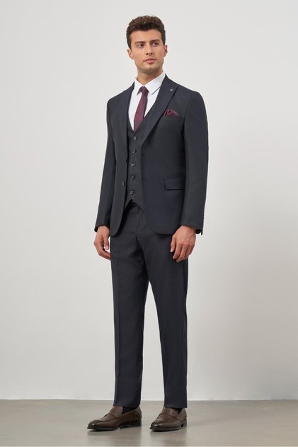 Navy Blue Swallow Collar Striped Vest 6 Drop Slim Fit Full Lining Wool Suit 1001245153