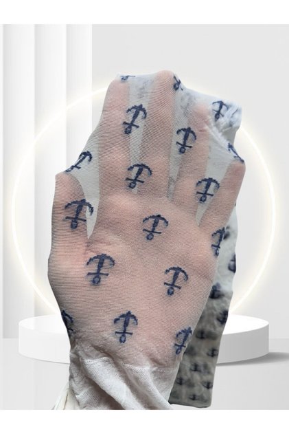 White Blue Marine Patterned 20 Den Pantyhose Cotton Mesh Socks-White/Navy Blue