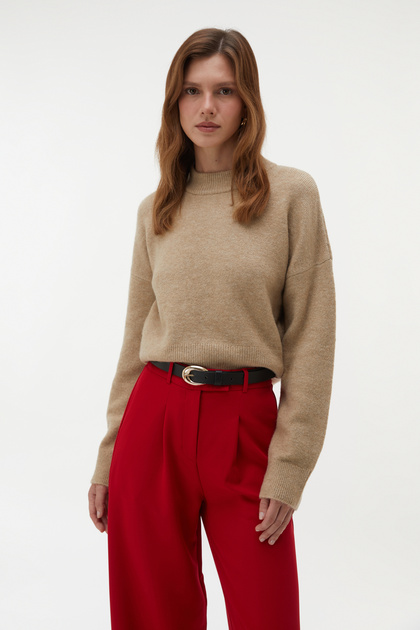 Women's Beige Color Crew Neck Crop Sweater