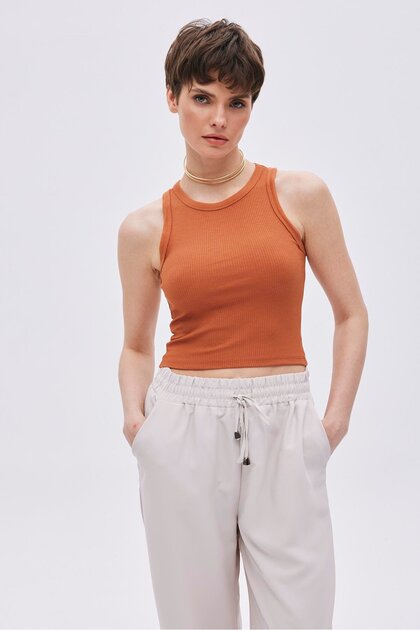 Terracotta Color Corded Fabric Tank top