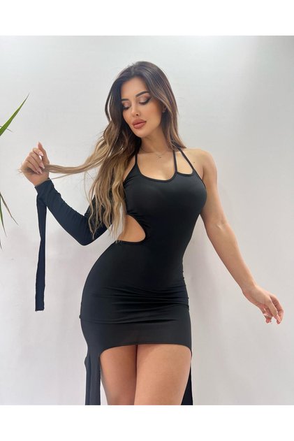 Siyah Tek Omuzlu Dekolteli Mikro Kumaş Mini Elbise