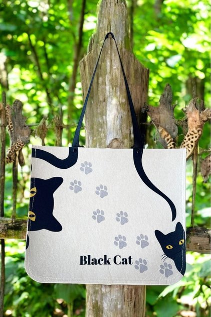 Digital Printed Cheerful Figured Felt Shoulder Bag Black Cat Character New Trend
