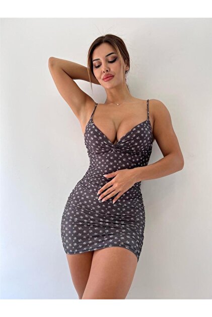 pink life Mini Flower Patterned Black Micro Dress- Trendyol