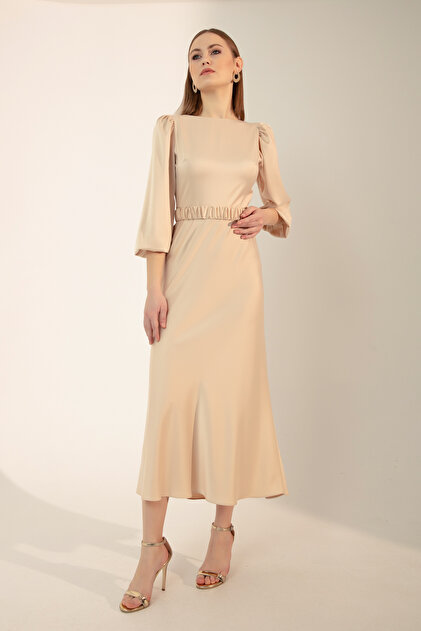 Lafaba Women's Ecru Long Balloon Sleeve Engagement Dress- Trendyol