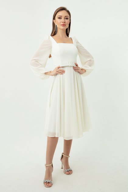 Women's Ecru Square Collar Belted Midi Chiffon Evening Dress