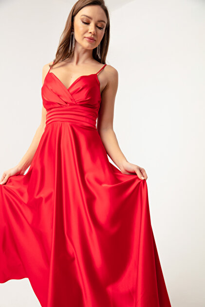 Lafaba Women's Red Rope Strap Waist Belted Satin Midi Evening Dress & Graduation Dress- Trendyol Lafaba Women's Red Rope Strap Waist Belted Satin Midi Evening Dress & Graduation Dress- Trendyol