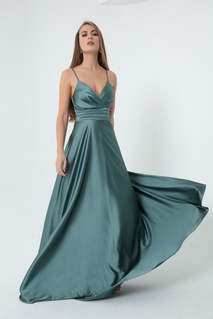 Women's Turquoise Satin Long Evening Dress & Graduation Dress with Rope Straps and Waist Belt