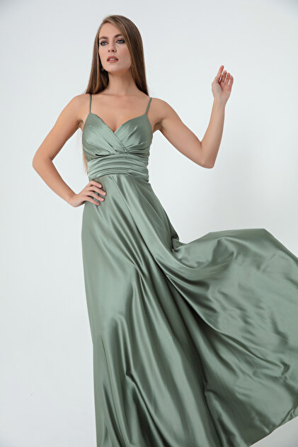 Lafaba Women's Mint Green Rope Strap Waist Belted Satin Long Evening Dress  & Graduation Dress- Trendyol