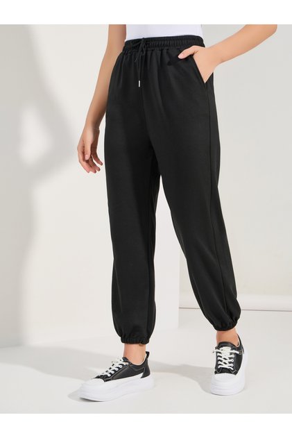 Solid Drawcord Waistband Straight Joggers