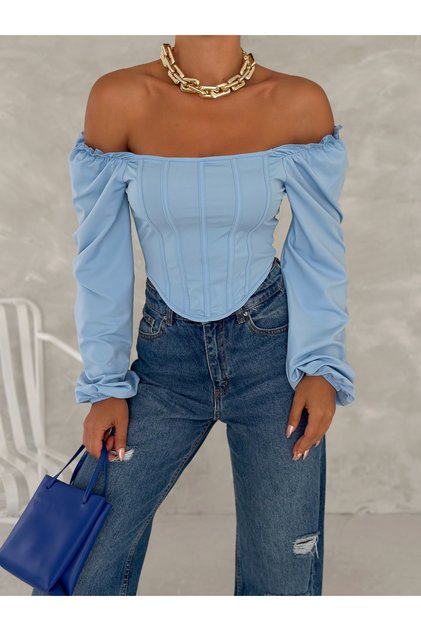 Women's Baby Blue Square Neck Striped Long Balloon Sleeve Diver Fabric Crop Blouse