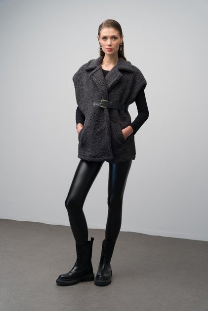 Leather Belted Lined Casual Vest Anthracite 8242