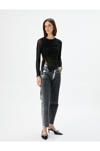 Tulle T-Shirt Asymmetrical Cut Drape Detailed Long Sleeve Crew Neck