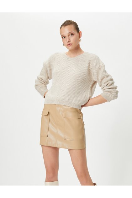 Basic Sweater Knitted Crew Neck Low Shoulder Ribbed