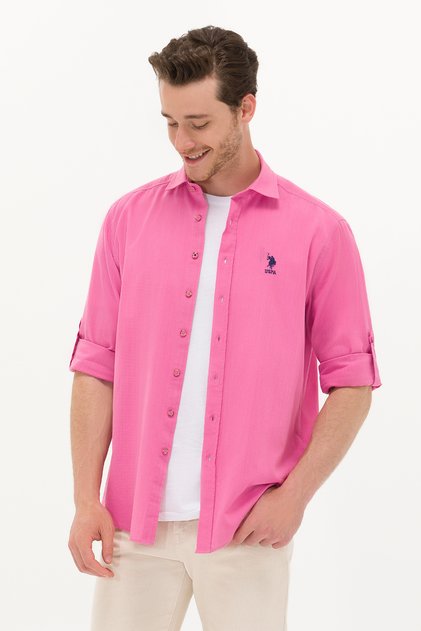 Men's Pink Linen Look Basic Shirt 50254189-Vr041