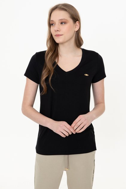 Women's Black V-Neck Basic T-Shirt 50246033 -Vr046