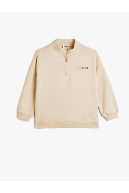 Basic Sweat Stand Collar Half Zipper with Embossed Print Detail