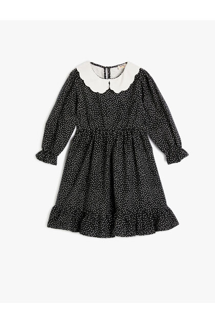 Polka Dot Dress Long Sleeve Baby Collar Ruffle Detail Gathered