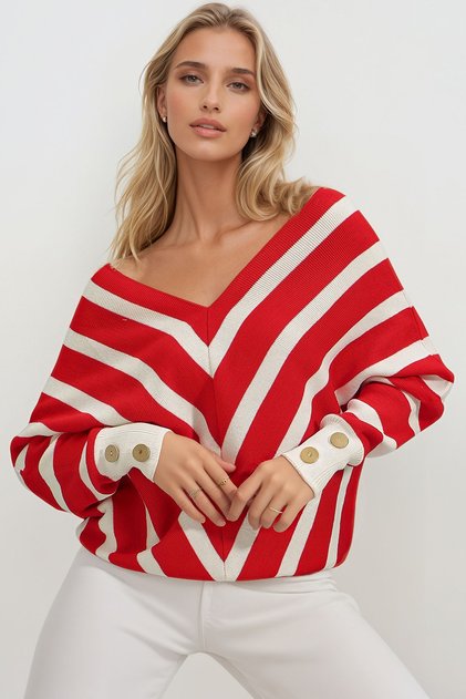 Woman's Red V-Neck Verev Striped Oversize Knitwear Sweater ALC-X9151