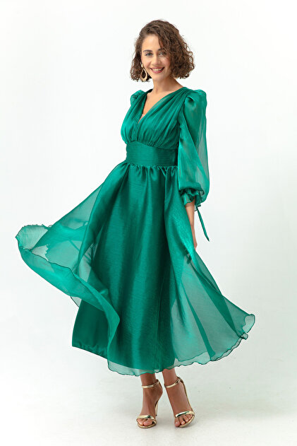 Lafaba Women's Emerald Green Balloon Sleeve V-Neck Midi Evening Dress-  Trendyol