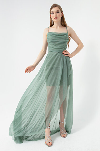Lafaba Women's Mint Green Chest Draped Flounce Glitter Evening Dress- Trendyol Lafaba Women's Mint Green Chest Draped Flounce Glitter Evening Dress- Trendyol