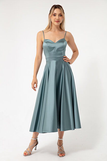 Lafaba Women's Turquoise Thin Strap Midi Satin Evening Dress- Trendyol