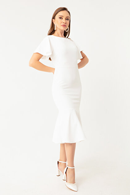 Lafaba Women's White Flounce Midi Dress- Trendyol Lafaba Women's White Flounce Midi Dress- Trendyol
