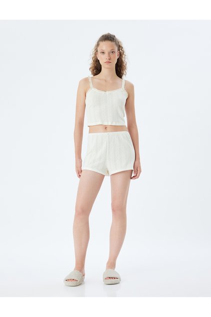 Askılı Crop Pijama Üstü Fırfırlı Pamuklu