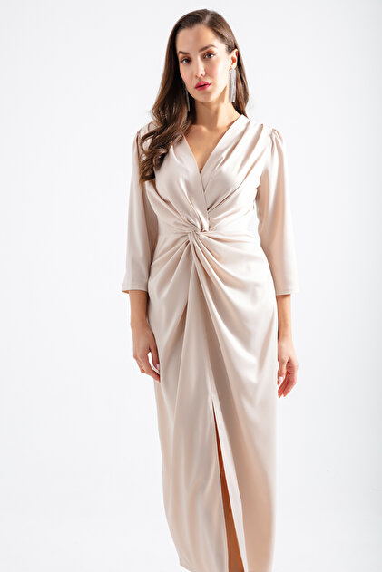Lafaba Women's Beige Slim Fit V-Neck Midi Evening Dress- Trendyol Lafaba Women's Beige Slim Fit V-Neck Midi Evening Dress- Trendyol