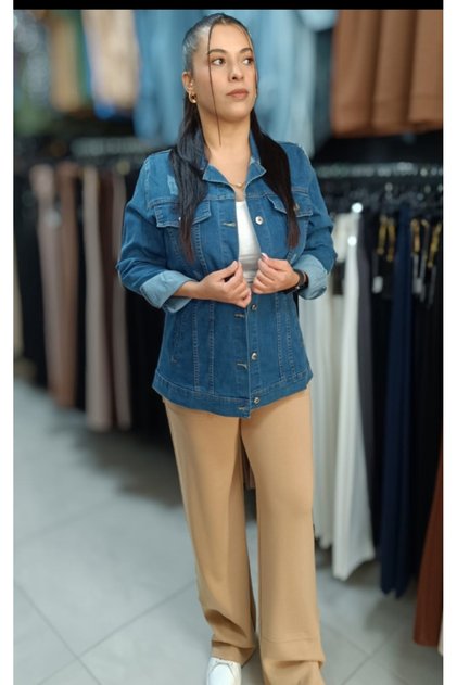 Büyük Beden Pamuk Denim Kot Kumaş Likralı Taşlanmış Yıpratılmış 70 Cm Boyda Jean Ceket