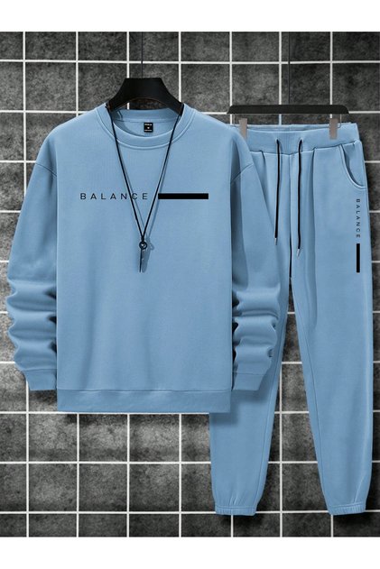 3 İplik Balance Sweatshirt Sweatpants Jogger - Baby Blue Printed Sweatpants Set Crew Neck