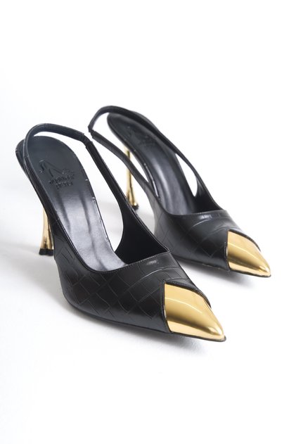 Nixi Gold Detailed Black Crocodile 10 cm Women's Stiletto, High Heels