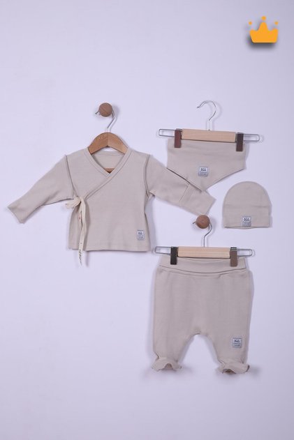 Premature Series 48cm Hospital Release Double-Breasted Top, Bottom Apron with Booties, Beanie, 100% Cotton, 4-Piece Set