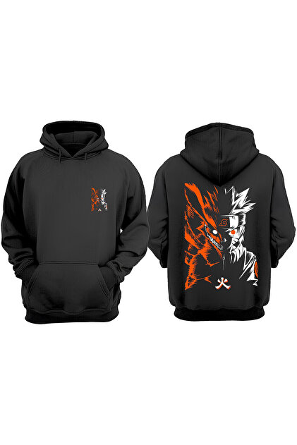 Hanorac negru unisex Naruto Kurama Design Față Spate Imprimat Regular Fit