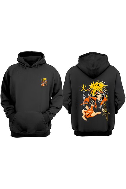Unisex Anime Yellow Haired Character Design Front Back Printed Regular Fit Black Sweatshirt