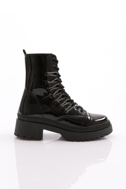 K9075 Women's Lace-Up Silver Stone Lace-Up Boots Black Wrinkled Patent Leather