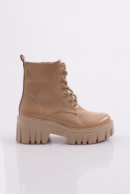 Es805 Women's Thick Sole Lace-Up Heeled Boot NUDE WRINKLED PATENT