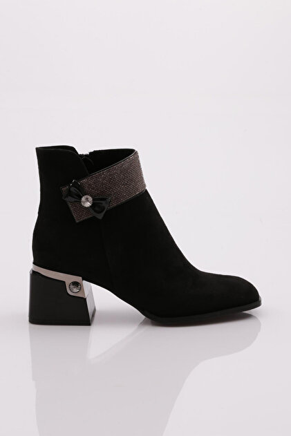 Botine damă cu toc 31016, negre, piele întoarsă