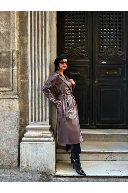 minaaise Bitter Brown Double Breasted Closure Leather Trench Coat