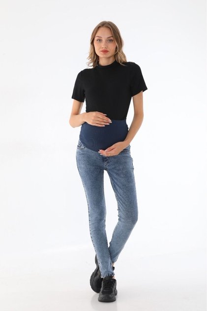 Maternity Stretchy Waistband Adjustable Waist Narrow Leg Jeans Blue