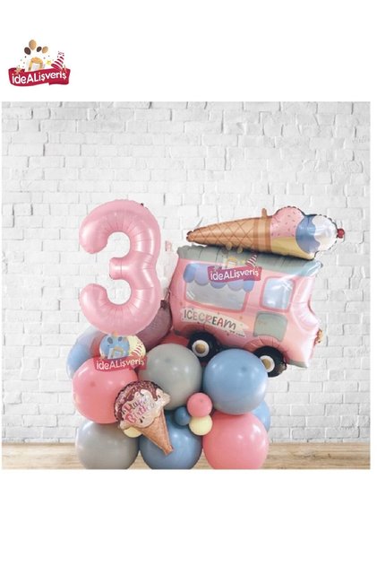 Large Ice Cream Truck Pink 3 Years Old Multi-Sweet Balloon Pile with Foil, Birthday Party Set Ornament