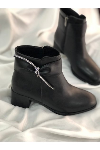 Romy Black Leather Stone Zippered 5 cm Heel Winter Boots