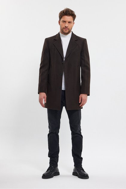 Men's Dark Brown Jacket Collar Standard Fit Stamp Coat