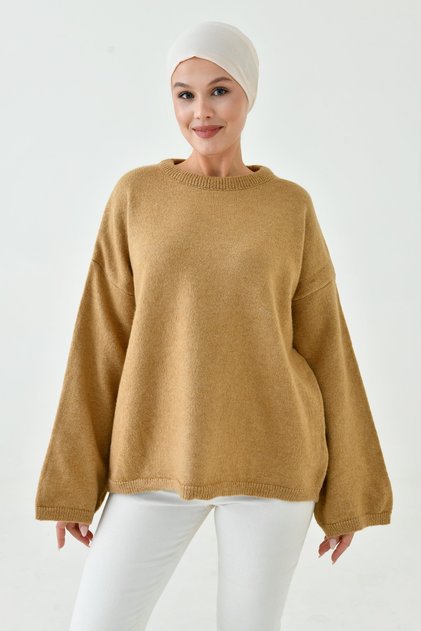 Women's Off Shoulder Spanish Sleeve Crew Neck Long Sleeve Camel Oversize Knitwear Hijab Sweater 4091