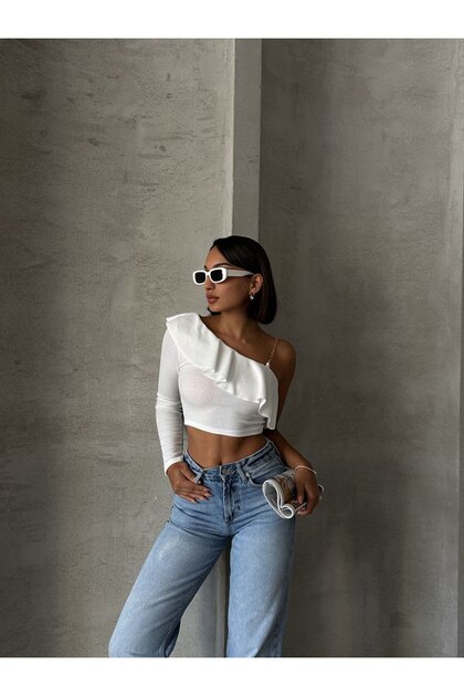 Women's Blouse - Single Shoulder Chain Detail Long Sleeve Wrap Blouse with Gips on the Front