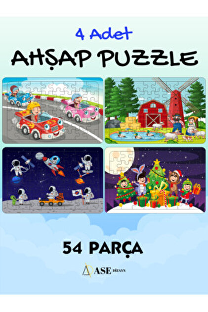 ASE DİZAYN ahşap çocuk puzzle yapboz 54 parça 4 adet - Fiyatı